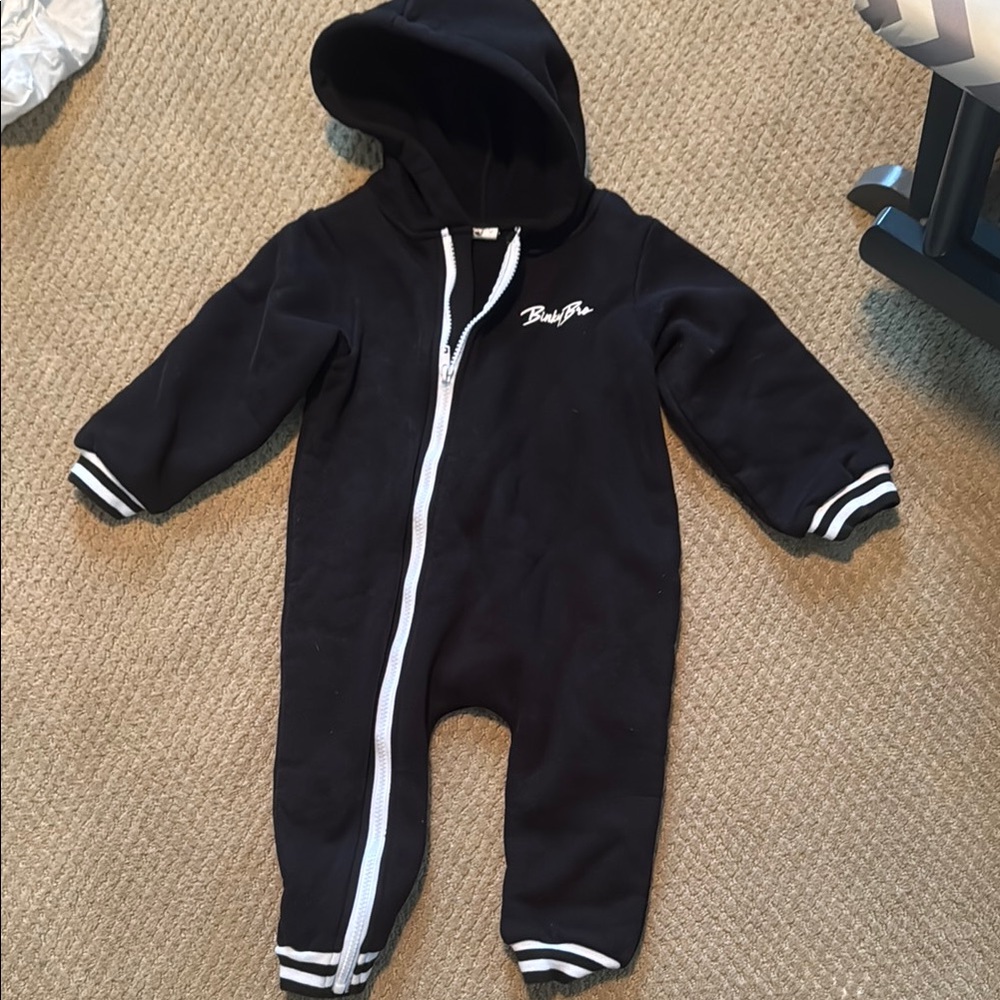 Black Footies One Piece with Hood and Striped Cuffs